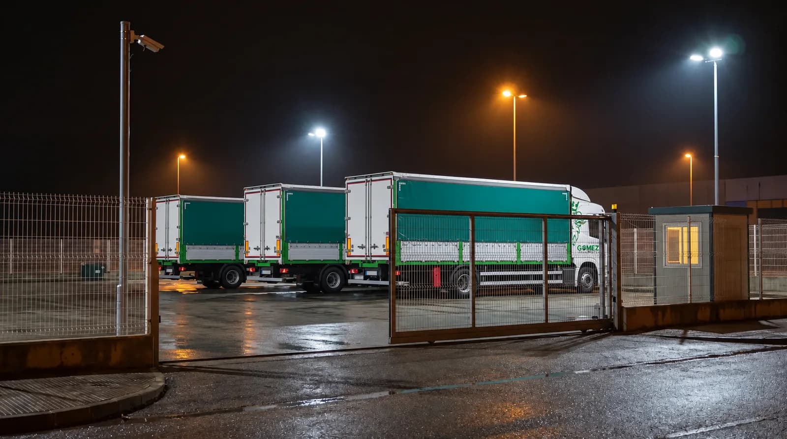 Camiones de transporte aparcados de noche en un parking vigilado